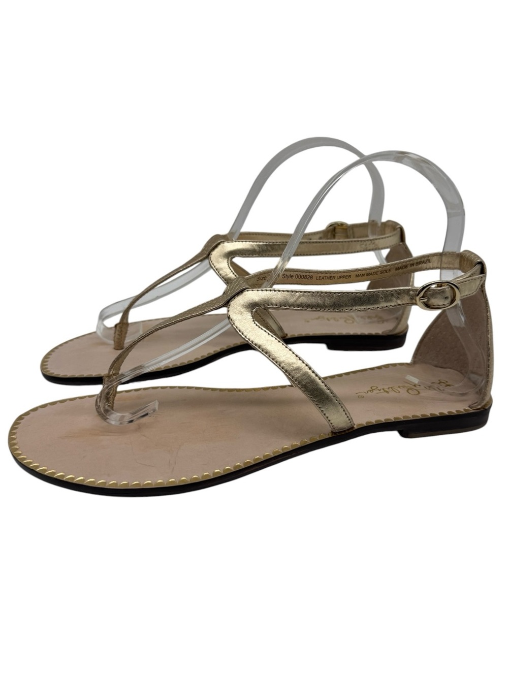 Lilly Pulitzer Leather T-Strap Sandals Sz 7.5 Gold Leather Flat Buckle Casual